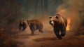 Scared bear family runs away from forest fire, largest wildfire in woods natural disaster