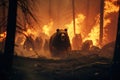 Scared bear runs away from forest fire, largest wildfire in woods natural disaster. generative AI