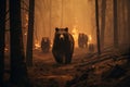 Scared bear runs away from forest fire, largest wildfire in woods natural disaster. generative AI