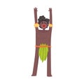 Scared black skinned man aborigine stands with hands up