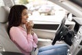 Scared black woman driving car, had an accident Royalty Free Stock Photo