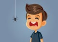 Scared Boy Being Afraid of a Spider Vector Cartoon
