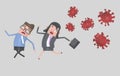 Scared business couple runs because behind come some very contagious viruses covid-19. Isolated. 3d illustration. Royalty Free Stock Photo