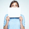 Scared business woman hide face with white sign board. Royalty Free Stock Photo