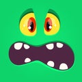 Scared cartoon monster face yelling. Vector Halloween green monster with big mouth.