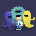 Scared character surrounded by ugly monsters / flat editable vector illustration, clip art