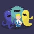 Scared character surrounded by ugly monsters / flat vec