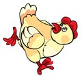 Scared chicken running away from someone, cartoon illustration, isolated object on white background, vector