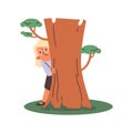 Scared child hiding behind the tree and peeping, vector cartoon fearful girl playing hide and seek outside game activity