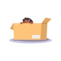 Scared child hiding inside in a cardboard box and peeping, girl playing hide and seek game, vector cartoon entertainment