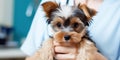 Scared cute dog in the hands of a veterinarian , concept of Gentle care