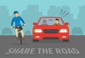 Scared cyclist turned his head and looking at red sedan car. Front view of cycling bike rider and agressive angry car driver.