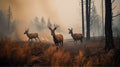 Scared deers family runs away from forest fire, largest wildfire in woods natural disaster Royalty Free Stock Photo