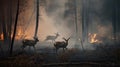 Scared deers family runs away from forest fire, largest wildfire in woods natural disaster Royalty Free Stock Photo