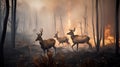 Scared deers family runs away from forest fire, largest wildfire in woods natural disaster Royalty Free Stock Photo