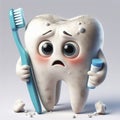 scared dirty tooth afraid of toothbrush 3d tooth character Isolated on solid white background. ai generative