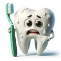 scared dirty tooth afraid of toothbrush 3d tooth character Isolated on solid white background. ai generative