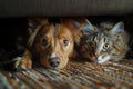 Scared Dog and Cat Seeks Shelter Under Sofa Royalty Free Stock Photo