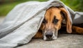 Scared dog hiding under blanket