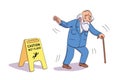 Scared elderly man falling near Caution wet floor yellow sign