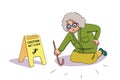 Scared elderly woman falling near Caution wet floor yellow sign