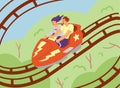 Scared and excited people riding roller coaster, flat vector illustration. Royalty Free Stock Photo