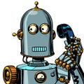 Scared funny robot talking on a retro phone. isolate on white background