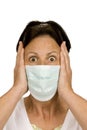 Frightened woman wearing surgical mask