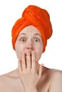 The scared girl with anti-akne cream on the face Royalty Free Stock Photo