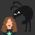 Scared girl, kids fear and monster silhouette vector illustration