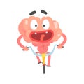 Scared humanized cartoon brain character riding on a bicycle, intellect human organ vector Illustration