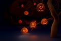 Scared Jack O Lantern and candle light in pumpkin in cemetery for happy halloween ,Concept 3d illustration or 3d render Royalty Free Stock Photo