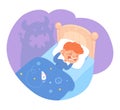 Scared kid dreaming of scary monster sleeping in bed. Childhood fears vector illustration. Small freightened boy having