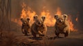 Scared koalas family runs away from grassland fire, largest prairie wildfire natural disaster