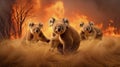 Scared koalas family runs away from grassland fire, largest prairie wildfire natural disaster