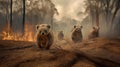 Scared koalas family runs away from grassland fire, largest prairie wildfire natural disaster