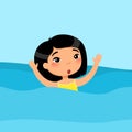 Scared little asian girl swimming flat vector illustration. Child sinking, waving hands and calling for help in sea.
