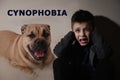 Scared little boy suffering from cynophobia on background. Irrational fear of dogs