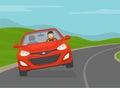 Scared male driver turns on the road. Red car is about to roll over on sharp turn. Front view of a car on country road.