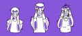 Scared male set. Young, adult and old men are afraid, emotion of fear, cover head with hands. Purple and white color, line art