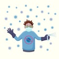 Scared man with glasses in a mask, a glove and with a disinfector protects against the virus.