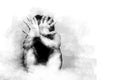 Scared man lift hand up for say stop, to protect himself. anti human trafficking campaign. black and white color painting brush Royalty Free Stock Photo