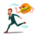 Scared Man Runing Away From Hamburger Vector. Isolated Cartoon Illustration