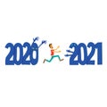 Scared man running away from 2020 to 2021. New year concept. Royalty Free Stock Photo