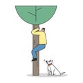 Scared man saving from dog attack climbing tree. Aggressive watchdog barking on human