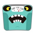 Scared mechanical bathroom scale with big weight on the dial. Concept obesity and unhealthy lifestyle. Cartoon character.