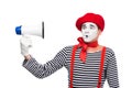 scared mime looking at megaphone