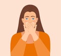 Scared, panicked woman with hand covering mouth. expression vector illustration