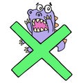 Scared purple dragon and big green cross mark. Vector illustration.