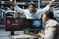 Scared server hub admins frightened by hacker passing firewall and stealing data Royalty Free Stock Photo